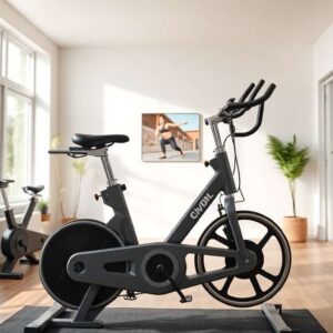Vélo d'appartement compact noir sur fond blanc